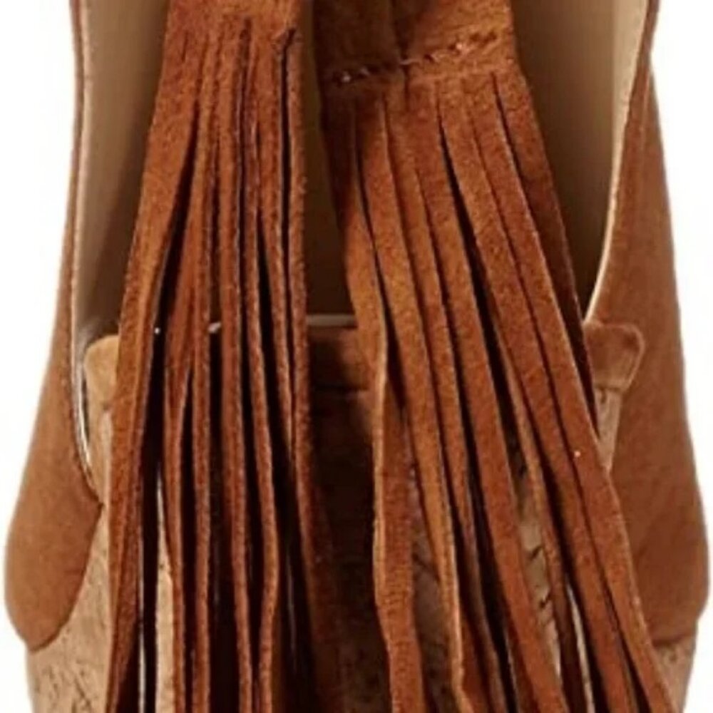 NEW IN BOX MARC FISCHER SUEANN WEDGE SANDAL COGNAC SUEDE FRINGE TIE BACK SZ 7.5 - Picture 8 of 10